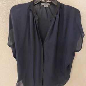 VINCE  100% Silk Blue Blouse With Black Contrast Snap Buttons Size S